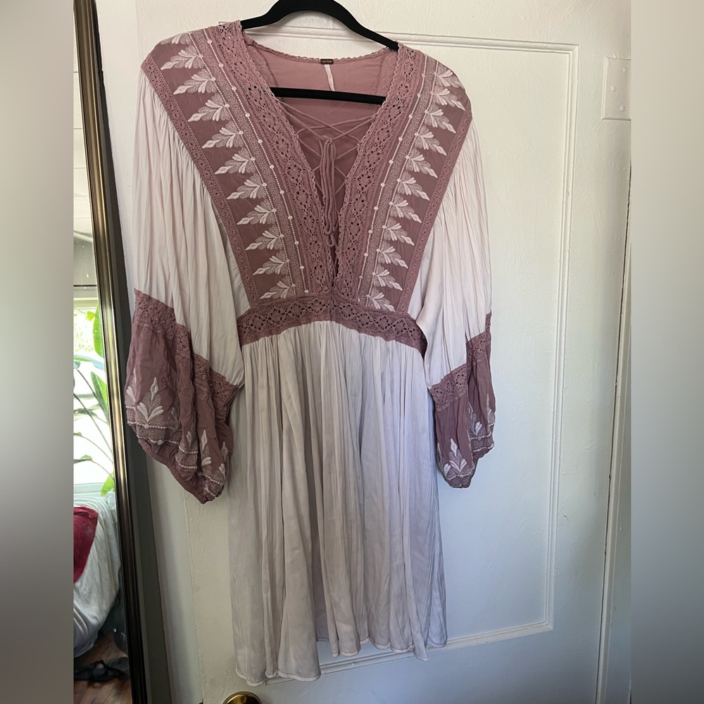 Free People Dusty Rose and White Embroidered Mini Dress